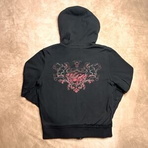 Vintage Y2K Embroidered Rocaille Heart Print Hoodie Sweatshirt Faux Fur McBling